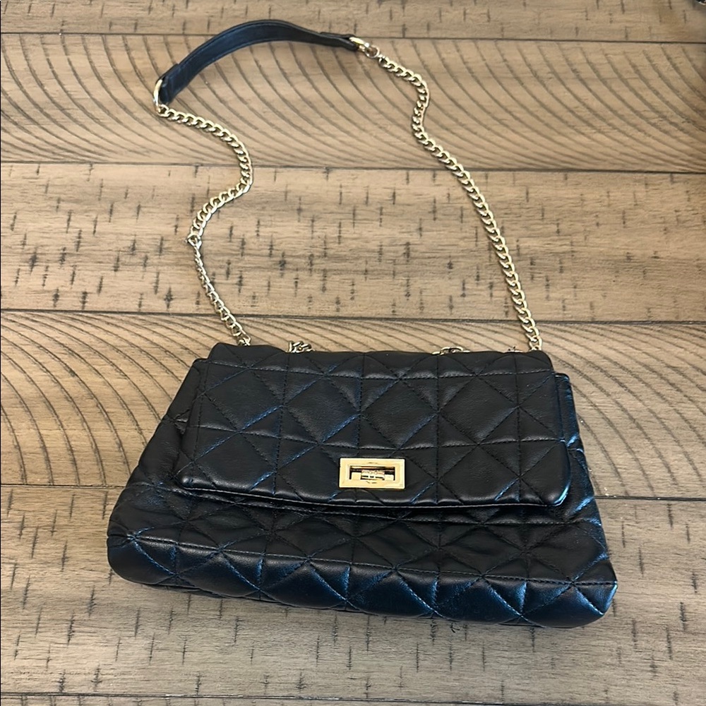 Black Quilted Leather Shoulder Bag with Chain Strap